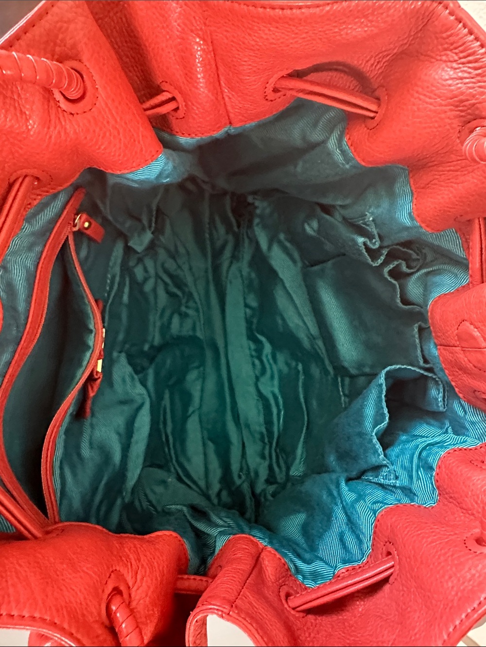 Fiore by Isabella Fiore, Deep coral/orange, 100% Leather Drawstring Tote w/ GHW - Picture 15 of 17